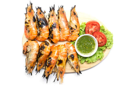 Top view of grilled shrimp isolated on white backgroundの写真素材