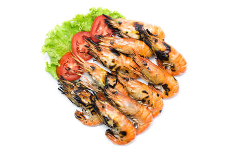 Top view of grilled shrimp isolated on white backgroundの写真素材
