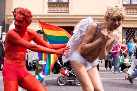 Stockholm, Sweden - August 1, 2009: Stockholm pride festival, Devil chasing a angel