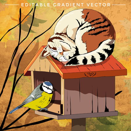 Cat and Bird. Vector illustration of a cat at home.のイラスト素材