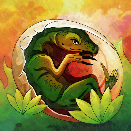 Illustration of a dinosaur in its habitat.の写真素材