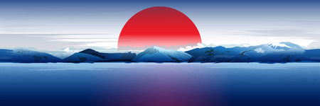 The sea and the mountains, the red sun, blue vector background in the Japanese styleのイラスト素材