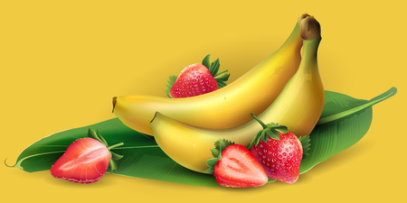 Delicious banana and strawberry on a yellow background.のイラスト素材