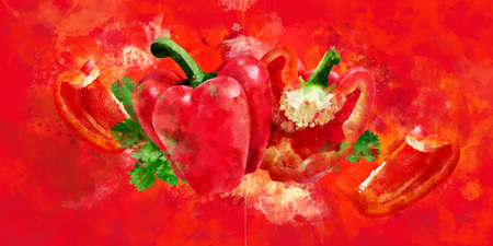 Red Pepper on red background. Watercolor illustrationの写真素材