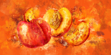 Peach on orange background. Watercolor illustrationの写真素材