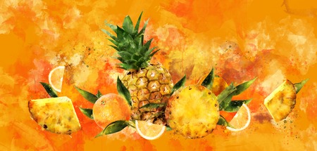 Pineapple on orange background. Watercolor illustrationの写真素材