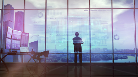 Silhouette of a trader in the office before infographics
