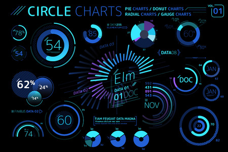 Circle Charts, Pie Charts, Donut Charts, Radial charts and Gauge Charts Infographic Elementsのイラスト素材