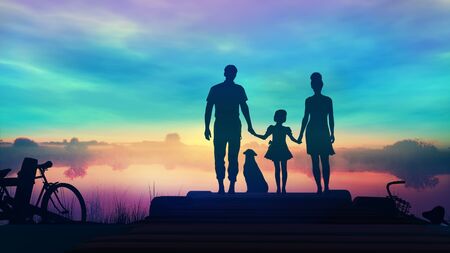 Family of three with a dog admires the sunset from the pierの写真素材