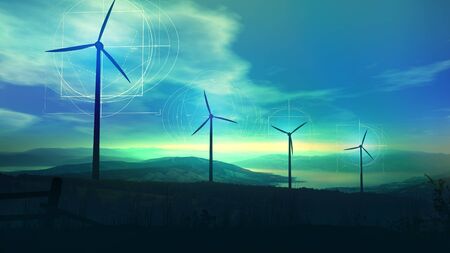 Wind power plants in twilight and infographics around themの写真素材