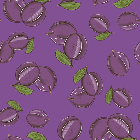 Seamless pattern with plums on a violet background in vintage styleのイラスト素材