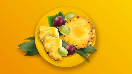 Dish with grapes and pineapple slices on a bright yellow background. Realistic vector illustration.のイラスト素材