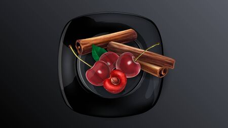 Cherry berries and cinnamon sticks on a black dish.のイラスト素材