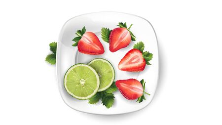 Beautiful composition of the sliced lime and strawberries with leaves. Realistic vector illustration.のイラスト素材