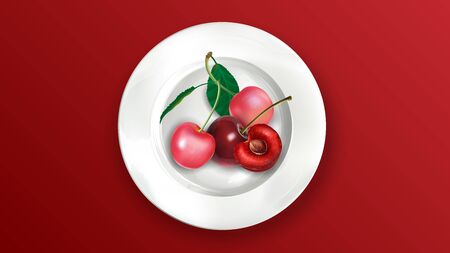 Pink and red cherries on a white plate.のイラスト素材