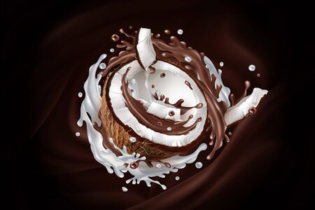 Sliced coconut in a chocolate and milky splash.のイラスト素材