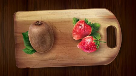 Kiwi and strawberry on the board and wooden table.のイラスト素材