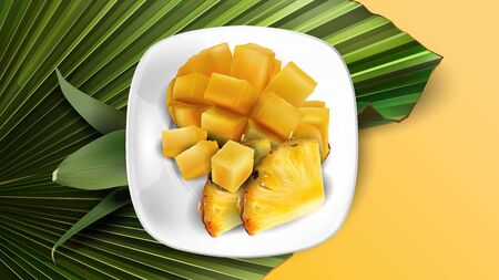 Composition of pineapple slices and diced mango on a white plate and leaves.のイラスト素材