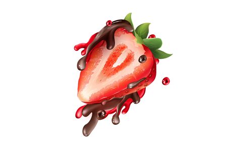 Half a strawberry in splashes of chocolate and juice.のイラスト素材
