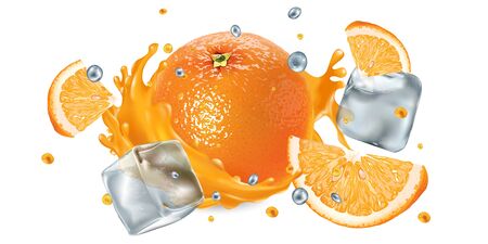 Fresh orange in a splash of juice with ice cubes and flying dropletsのイラスト素材