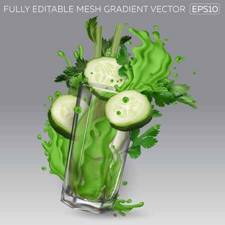 Composition with cucumber slices, celery leaves and a splash of green juice in a transparent glass. Realistic vector illustration.のイラスト素材