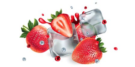 Composition with fresh strawberries and ice cubes on a white background. Realistic vector illustration.のイラスト素材