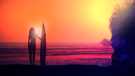 Surfer with a board on a sunset background.