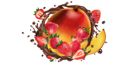 Fresh mango with strawberries in a chocolate splash.のイラスト素材