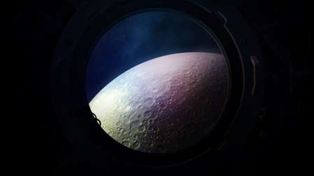 The surface of the moon from the porthole of a spaceship.