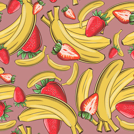 Colored seamless pattern with bananas and strawberries in vintage styleのイラスト素材