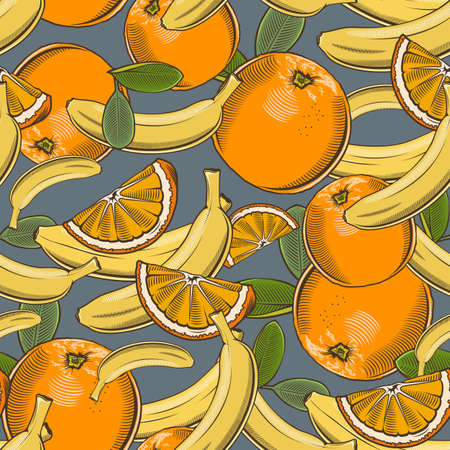Colored seamless pattern with bananas and oranges in vintage styleのイラスト素材