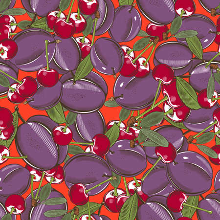 Colored seamless pattern with plums and cherries in vintage styleのイラスト素材