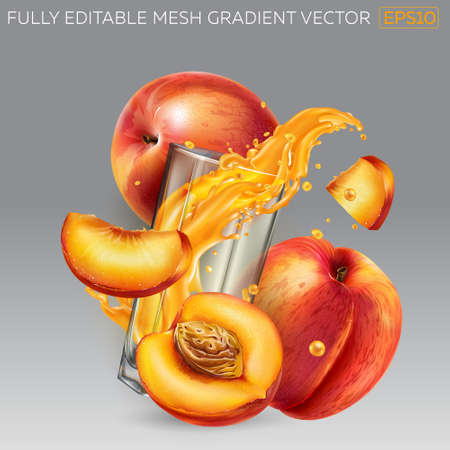 Splash of fruit juice in a glass and fresh peaches.のイラスト素材