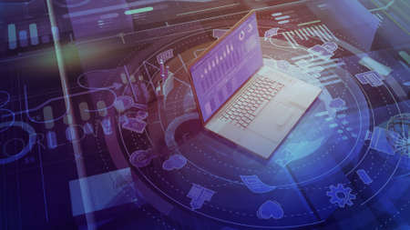 Business worldwide corporate background with infographics and laptop.