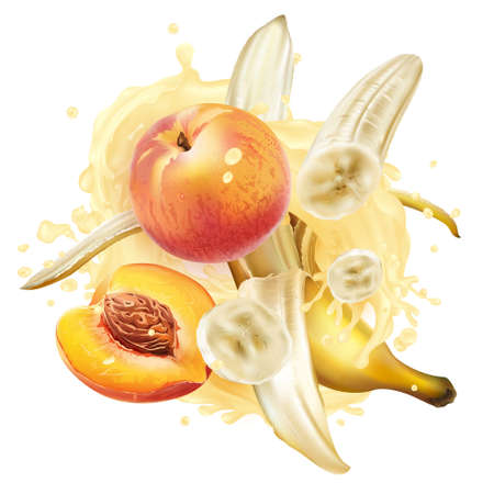 Bananas and peaches in a milkshake splash.のイラスト素材