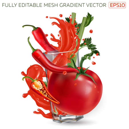Tomato, red peppers and celery around a glass of vegetable juice.のイラスト素材