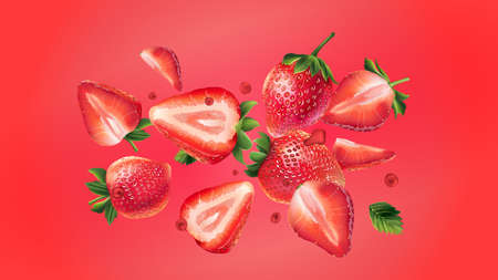 Flying fresh strawberries on a red background.のイラスト素材