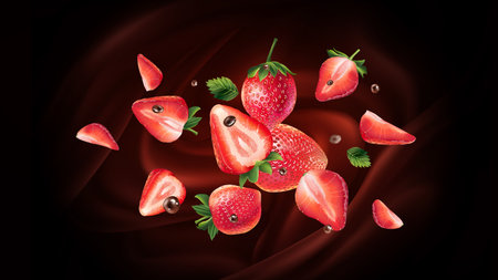 Flying fresh strawberries on a chocolate background.のイラスト素材