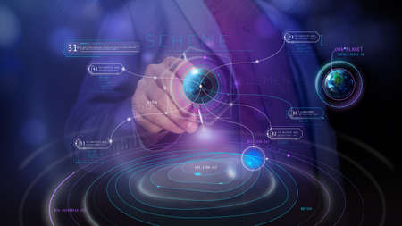Business background with virtual infographics and planets holograms.の写真素材