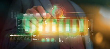 Businessman works with stock instruments, augmented reality.