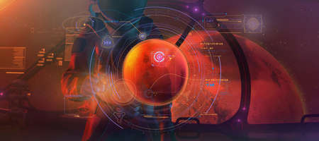 A man in a spacesuit studies data from Mars.の写真素材