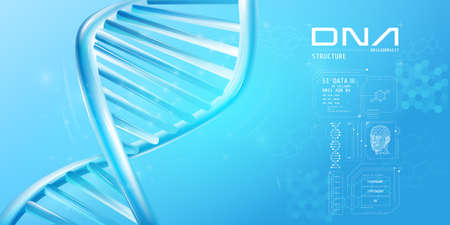 Fragment of double helix DNA with infographic elements.