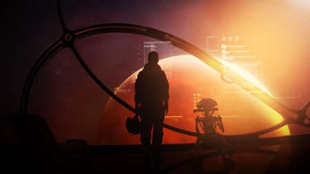 Astronaut and droid at the porthole of a ship approaching Mars.