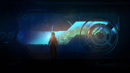 Astronaut of the future in Earth orbit, 3D render.