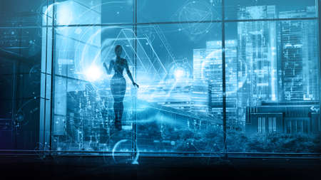 An android floating in the air is working with data, 3D render.の写真素材