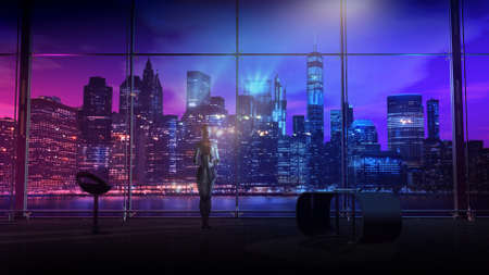 Robot in the office against the backdrop of the night cityscape, 3D render.