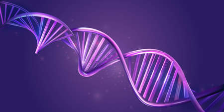 Luminous DNA strands on a violet background.