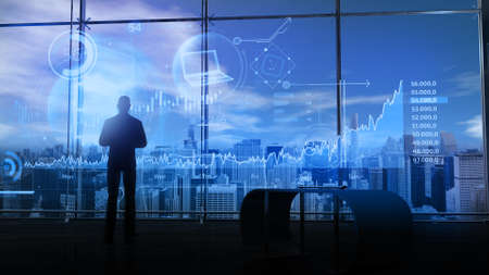 Silhouette of a trader in front of bitcoin quotes, 3D render.の写真素材