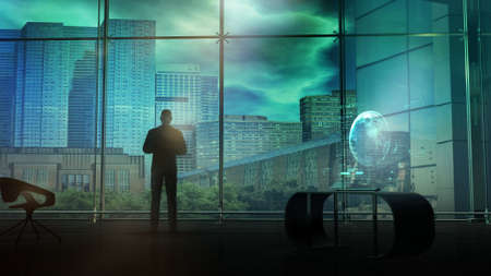 Man in a suit at the window in the office of the future, 3D render.の写真素材