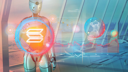 Robot and cryptocurrency panel with infographics, 3D render